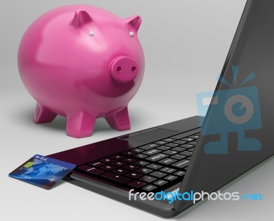 Piggy At Computer Shows Investment Growth Banking Stock Image