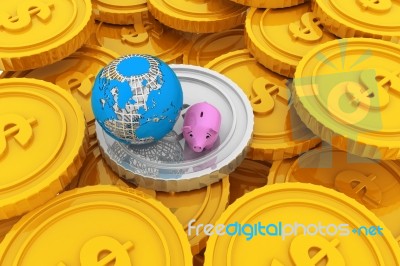 Piggy Bank With Globe And Gold Coins Stock Image