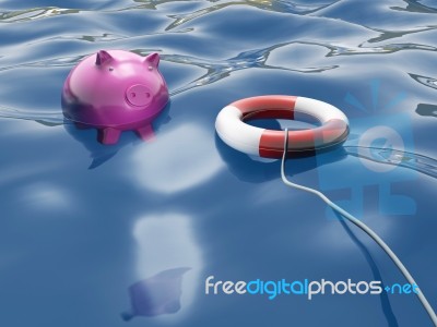 Piggy With Lifebuoy Shows Lifesaver And Investment Stock Image