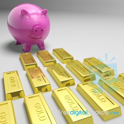 Piggybank Looking At Gold Bars Showing Gold Reserves Stock Image