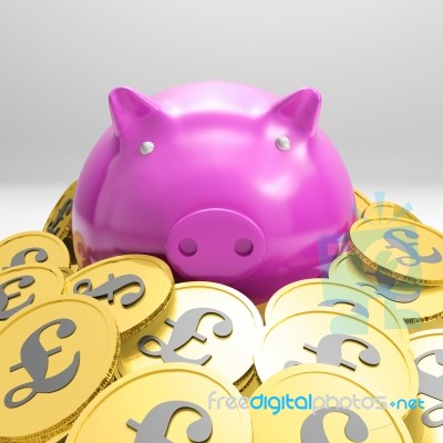 Piggybank Surrounded In Coins Showing Britain Wealth Stock Image