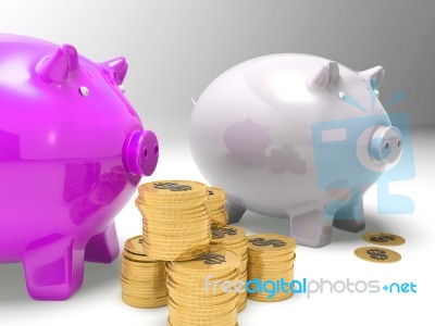 Piggybanks And Coins Showing American Earnings Stock Image