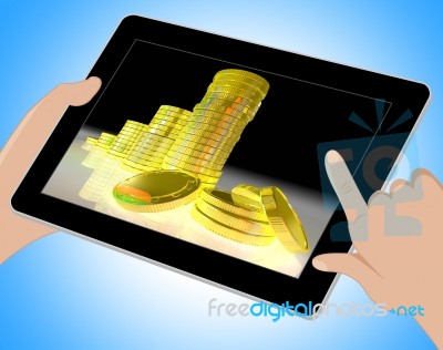 Pile Of Coins Showing Successful Business Tablet Stock Image