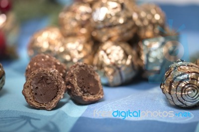 Pile Of Sweet Round Chocolate Candies Stock Photo