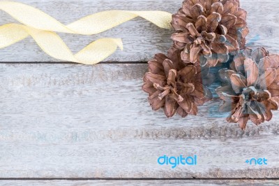 Pine Cones On Wood Background Stock Photo