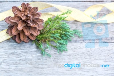 Pine Cones On Wood Background Stock Photo