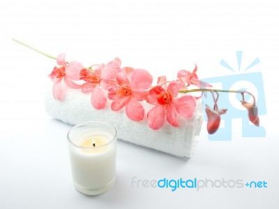 Pink Orchid, Towel And Candle Stock Photo