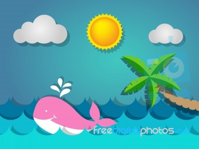 Pink Whale Swimming In The Sea And Coconut Tree With The Sun For… Stock Image