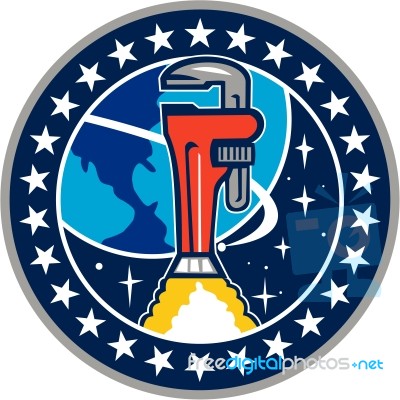 Pipe Wrench Rocket Booster Orbit Earth Circle Retro Stock Image