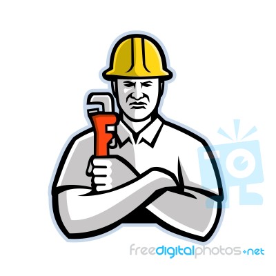 Pipefitter Holding Pipe Wrench Mascot Stock Image