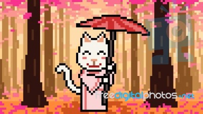 Pixel Art Cat Sakura Stock Image