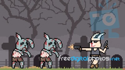 Pixel Art Rabbit Fight Zombie Stock Image