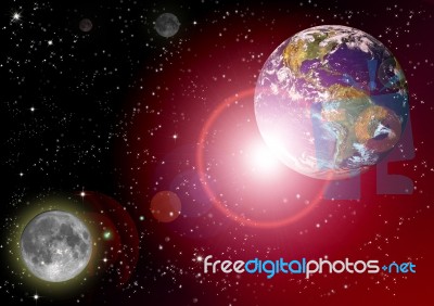 Planet Earth And Moon In The Deep Space   Stock Image