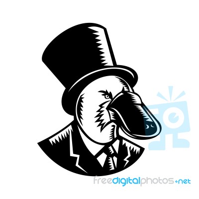 Platypus Wearing Tophat Woodcut Black And White Stock Image