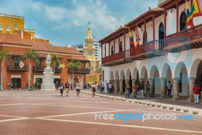 Plaza De La Aduana And The Clock Tower Gate At The Background T Stock Photo