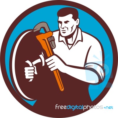 Plumber Brandishing Wrench Circle Retro Stock Image