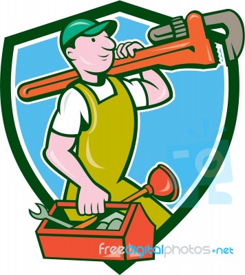 Plumber Carrying Monkey Wrench Toolbox Crest Stock Image