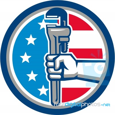 Plumber Hand Pipe Wrench Usa Flag Upright Circle Retro Stock Image