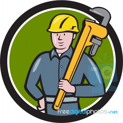 Plumber Holding Wrench Circle Cartoon Stock Image