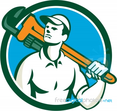 Plumber Holding Wrench Circle Retro Stock Image