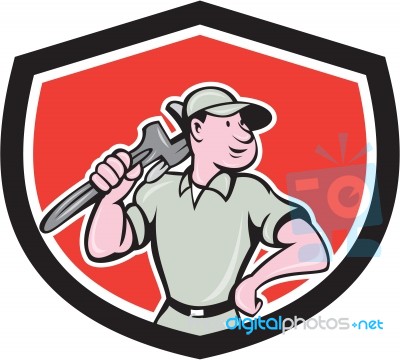 Plumber Holding Wrench Shield Cartoon Stock Image