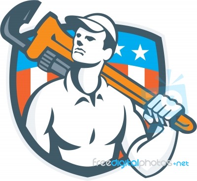 Plumber Holding Wrench Usa Flag Retro Stock Image