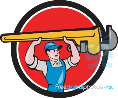 Plumber Lifting Monkey Wrench Circle Cartoon Stock Image
