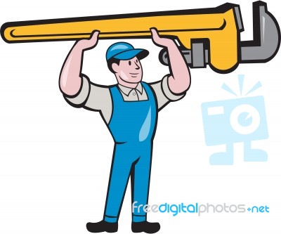 Plumber Lifting Monkey Wrench Isolated Cartoon Stock Image