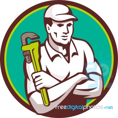Plumber Monkey Wrench Arms Crossed Circle Retro Stock Image