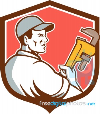 Plumber Monkey Wrench Side Shield Retro Stock Image