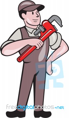 Plumber Pointing Monkey Wrench Standing Cartoon Stock Image