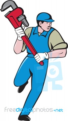 Plumber Running Monkey Wrench Cartoon Stock Image
