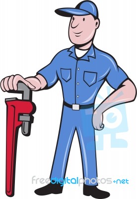 Plumber Standing Pipe Wrench Cartoon Stock Image