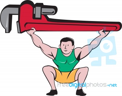 Plumber Weightlifter Lifting Monkey Wrench Cartoon Stock Image