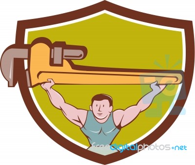 Plumber Weightlifter Monkey Wrench Crest Cartoon Stock Image