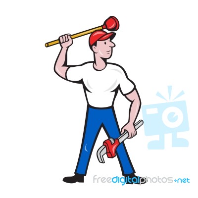 Plumber Wield Wrench Plunger Isolated Cartoon Stock Image