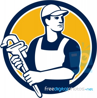 Plumber Wielding Monkey Wrench Circle Retro Stock Image