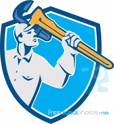 Plumber Wielding Monkey Wrench Shield Retro Stock Image
