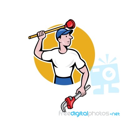 Plumber Wielding Wrench Plunger Cartoon Stock Image