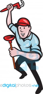 Plumber With Monkey Wrench And Plunger Cartoon Stock Image