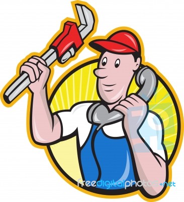 Plumber Worker With Adjustable Wrench Phone Stock Image
