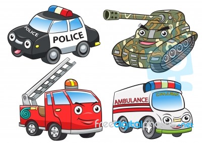Police Fire Ambulance Tank Cartoon Stock Image