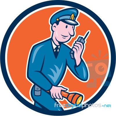 Policeman Torch Radio Circle Cartoon Stock Image