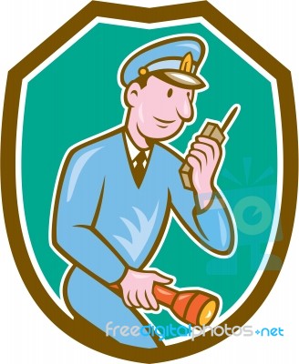 Policeman Torch Radio Shield Cartoon Stock Image