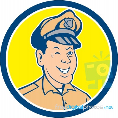 Policeman Winking Smiling Circle Cartoon Stock Image