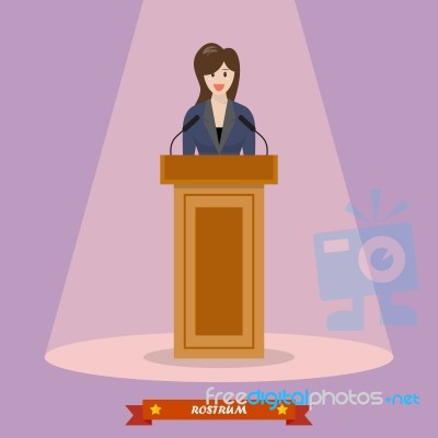 Politician Woman Standing Behind Rostrum And Giving A Speech Stock Image