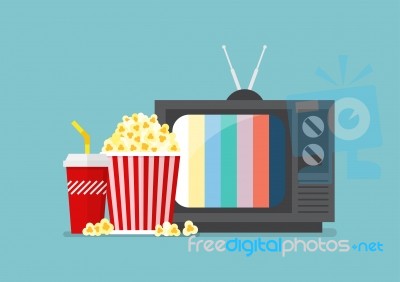 Popcorn Snack And Drink With Retro Television Stock Image