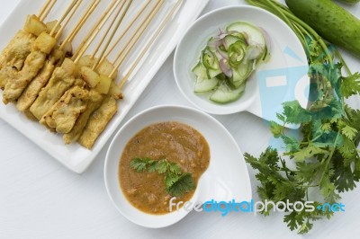 Pork Satay With Two Sauce And Vegetables Stock Photo