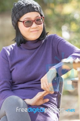 Portrait Head Shot Of 49s Years Old Thai Woman With Happiness Smiling Face Stock Photo