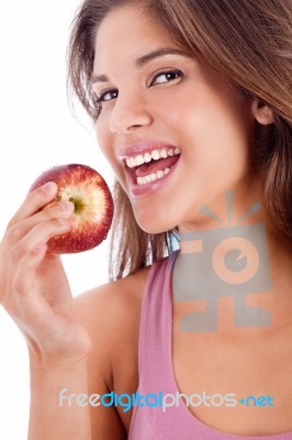 Portrait Of A Healthy Girl Smiling With Apple Stock Photo